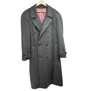 Vintage Gray Wool Double Breasted Button Up Lined Long Overcoat 46R 2XL Pockets
